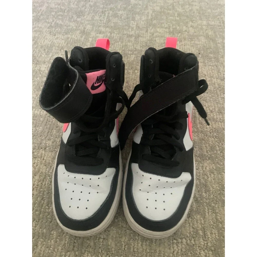 Nike Court Borough Kids High Top Sneakers Black/White/Pink Straps Lace Up 3.5